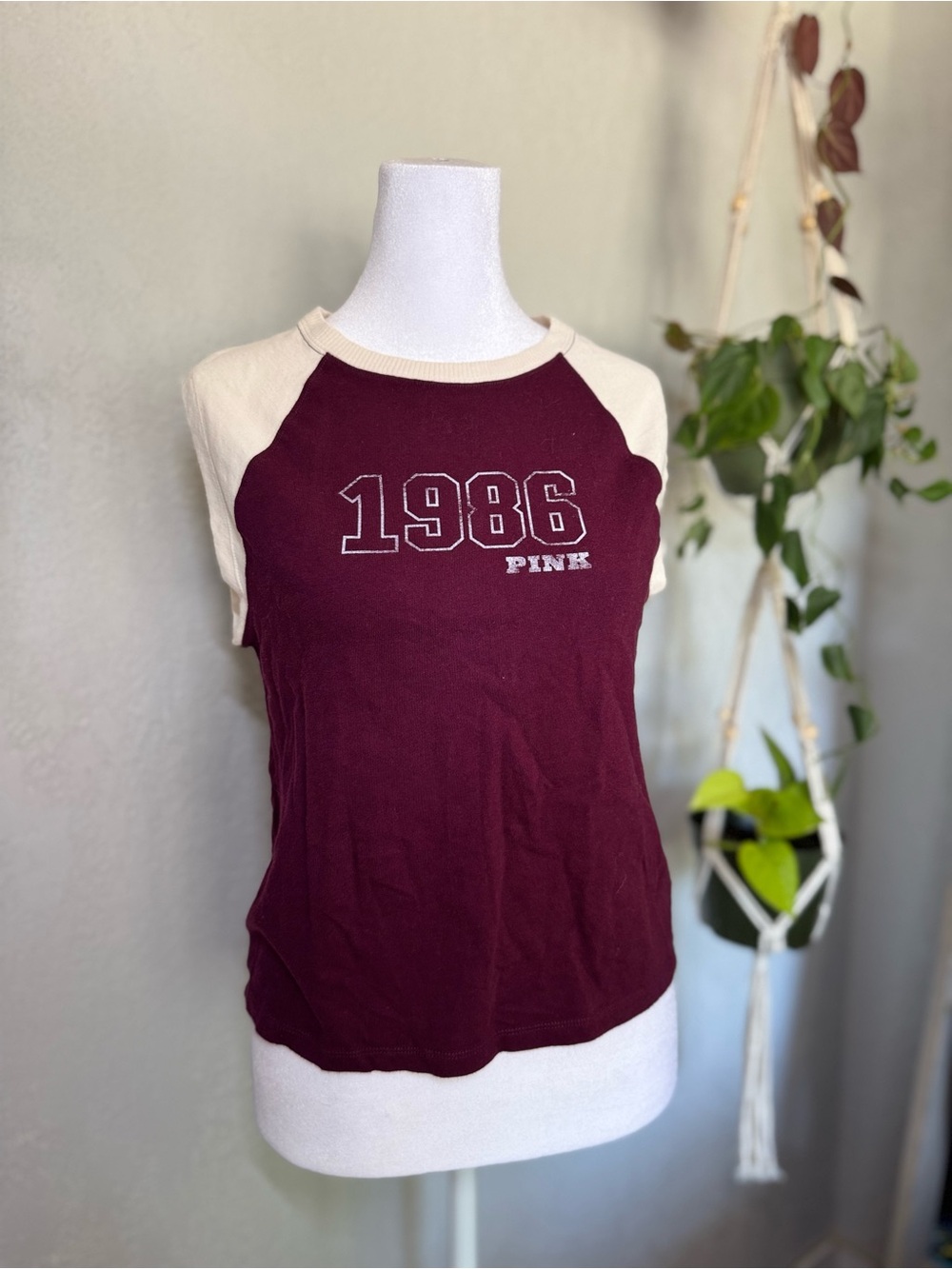 PINK Victoria's Secret Maroon & Cream Raglan Sleeveless Tank